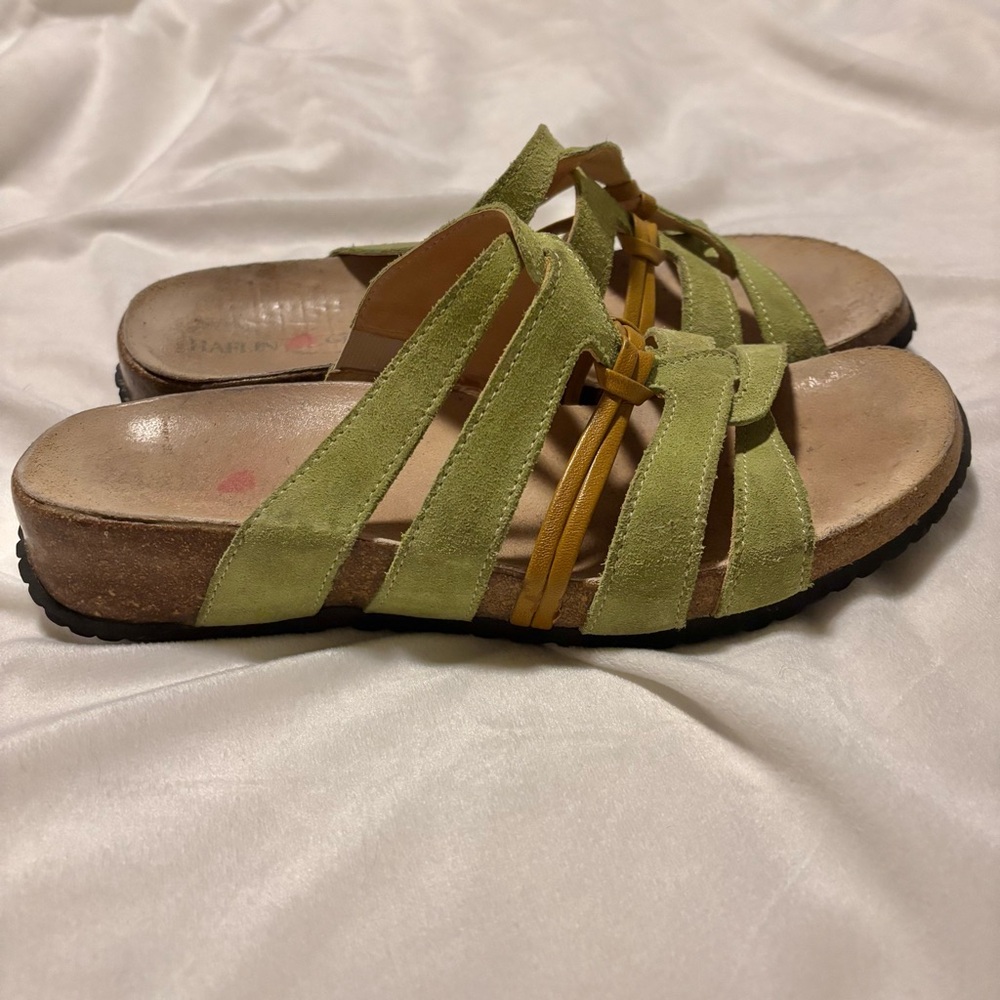 Haflinger Green Suede Slide Sandals with Mustard Accents